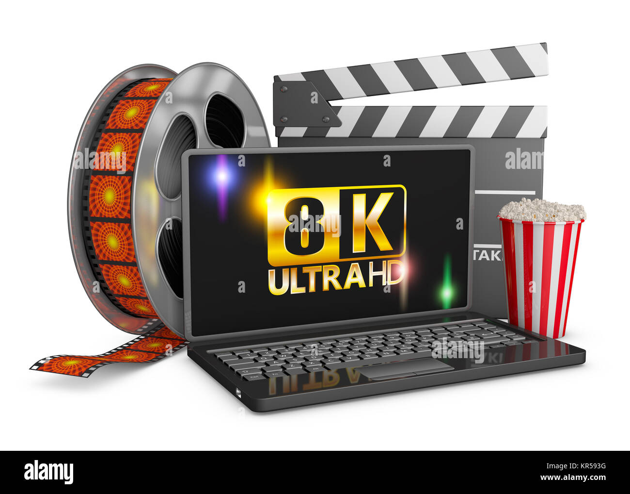8K laptop, popcorn and film strip Stock Photo