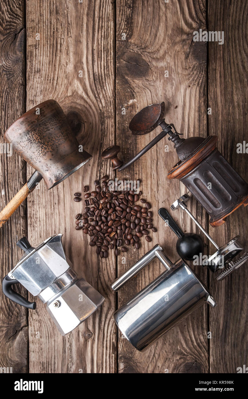 Accessories for coffee on the wooden table Stock Photo