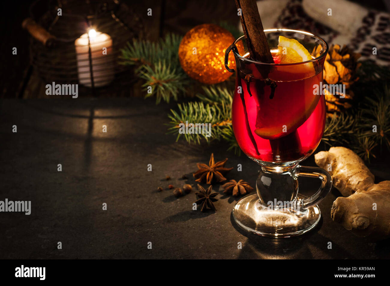 Mulled wine with spices and Christmas decorations horizontal Stock Photo