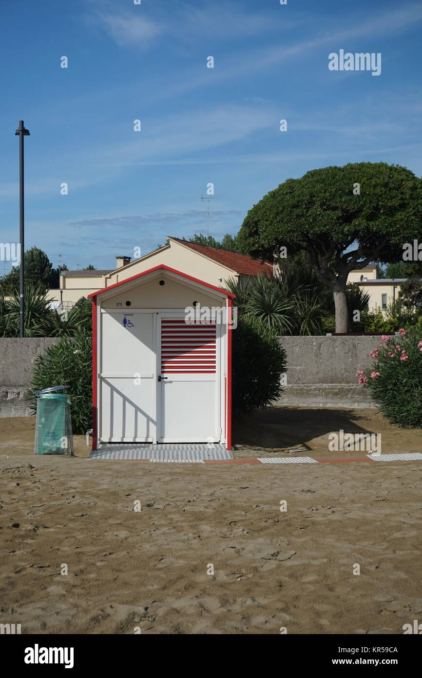 caorle,mediterranean sea,beach,wc,public wc,pool,sandy beach,toilet-house Stock Photo