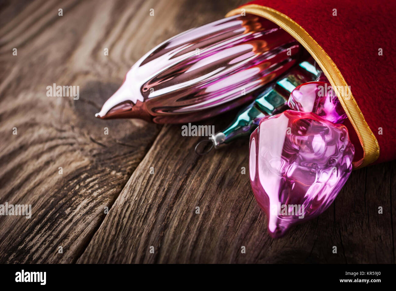 Christmas tree decorations in the red textile bag Stock Photo Alamy