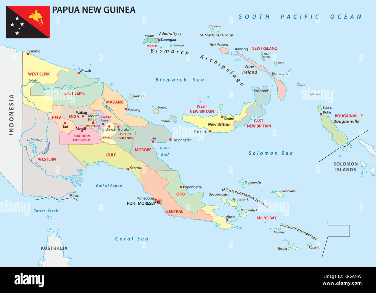 papua new guinea administrative and political vector map with flag Stock Vector