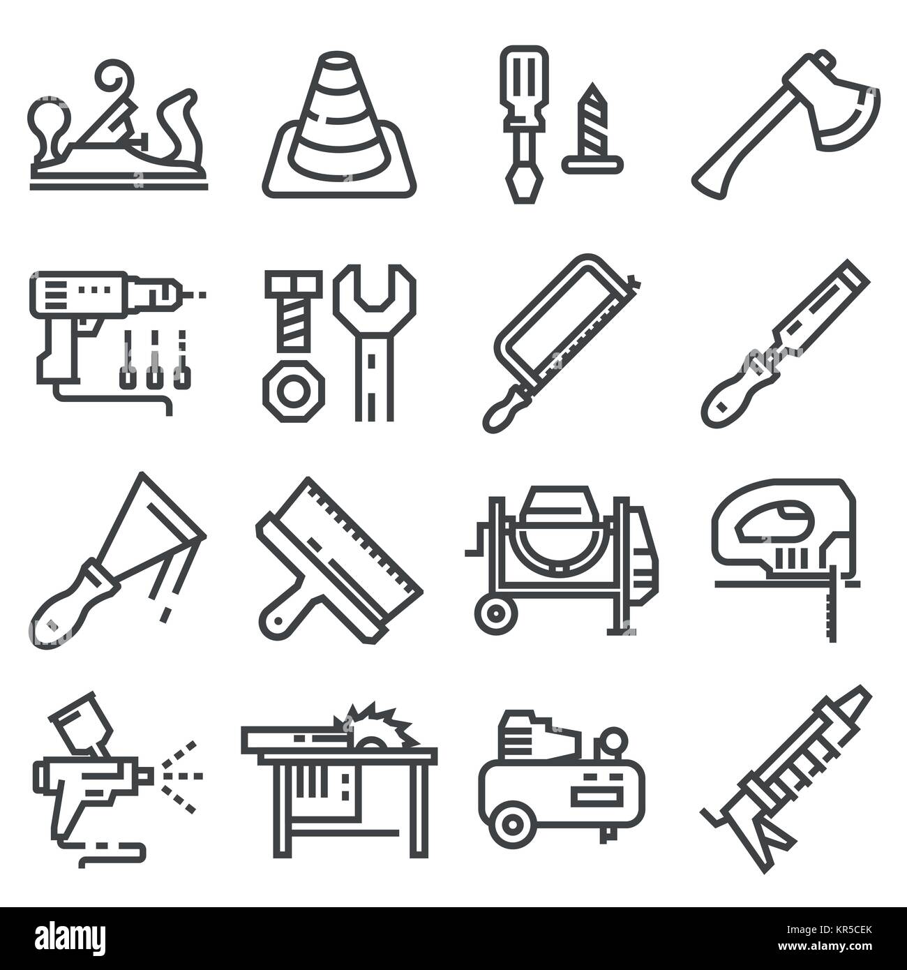 Vector Set of Modern Thin Outline Construction Working Tools and