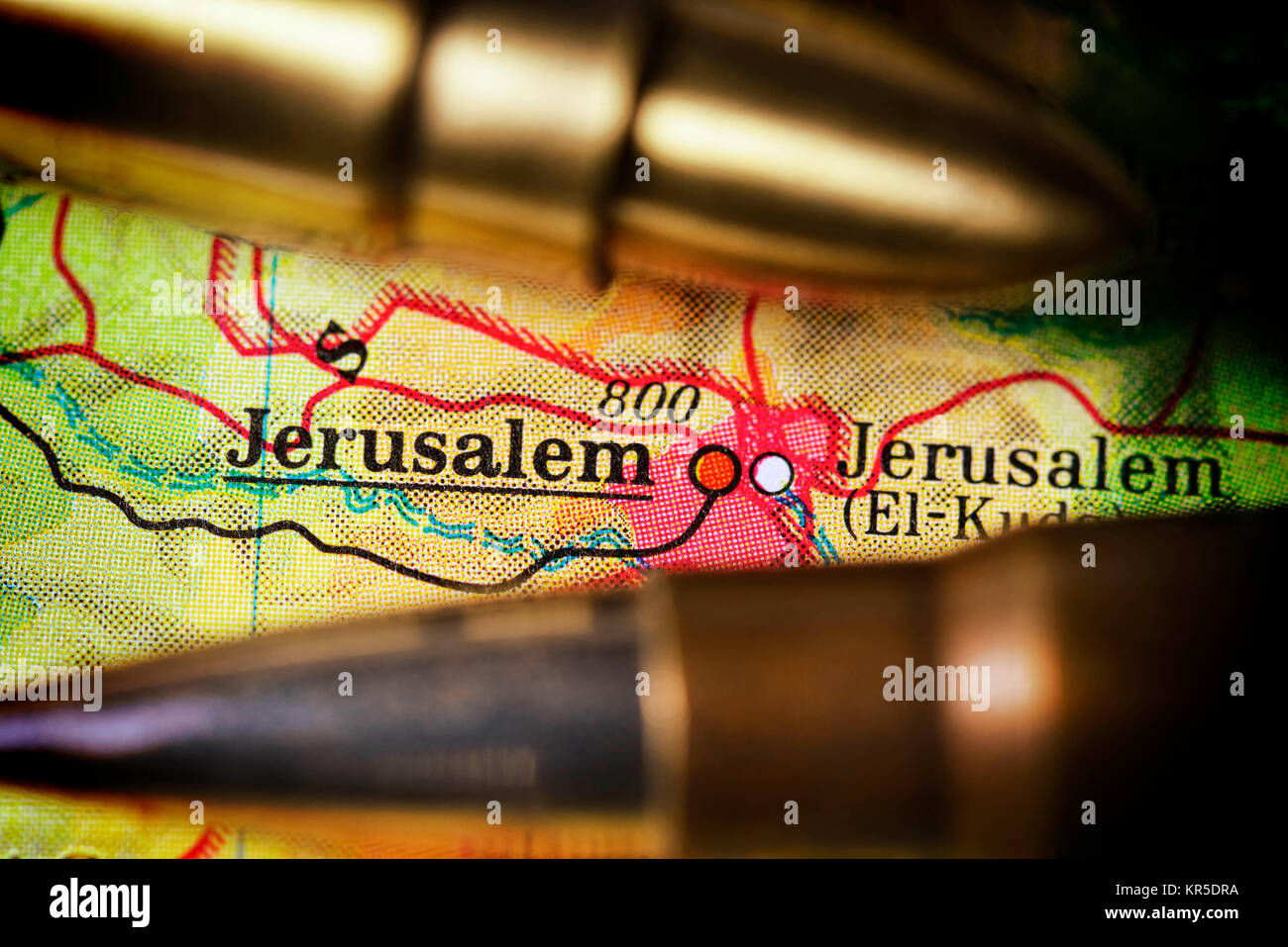 Jerusalem on a map with gun cartridges, Jerusalem conflict, Jerusalem auf einer Landkarte mit Gewehrpatronen, Jerusalem-Konflikt Stock Photo