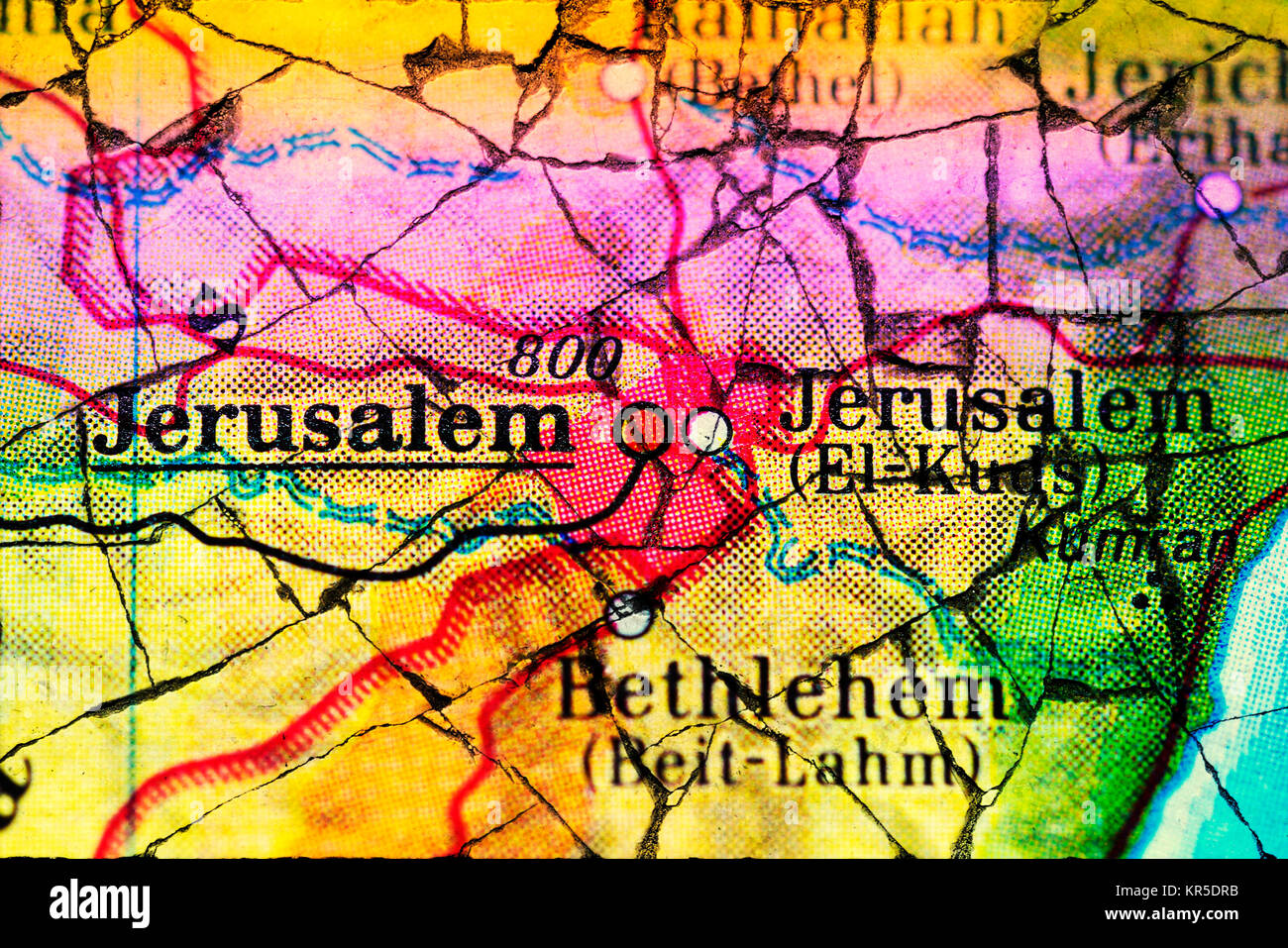 Jerusalem on a map with cracks, Jerusalem conflict, Jerusalem auf einer Landkarte mit Bruchstellen, Jerusalem-Konflikt Stock Photo