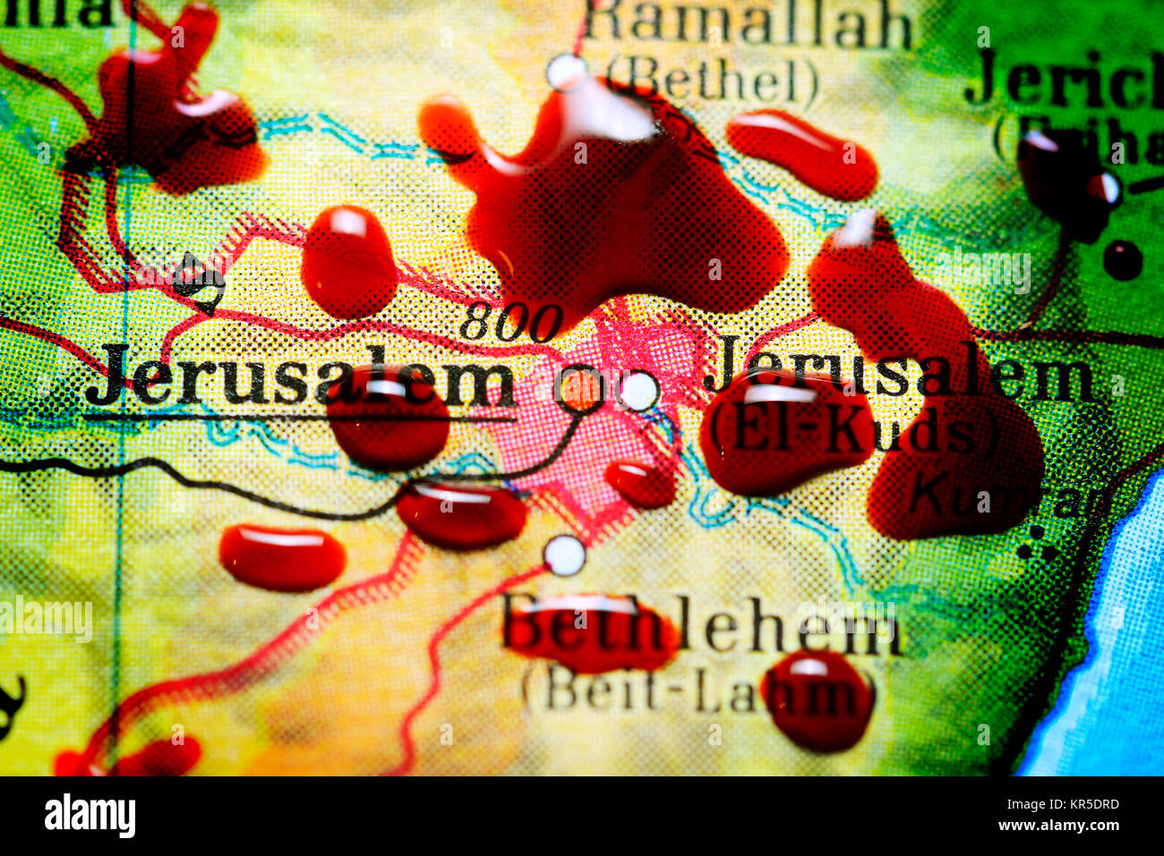 Jerusalem on a map with drop of blood, Jerusalem conflict, Jerusalem auf einer Landkarte mit Blutstropfen, Jerusalem-Konflikt Stock Photo