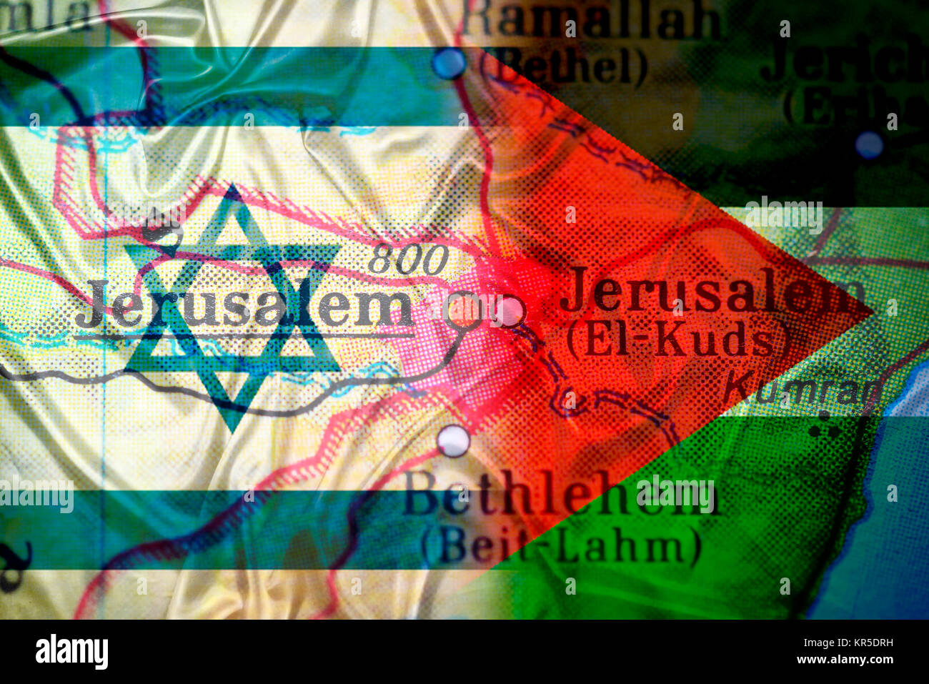 Flags of Israel and Palestine on map of Jerusalem, Jerusalem conflict, Fahnen von Israel und Palästina auf Landkarte von Jerusalem, Jerusalem-Konflikt Stock Photo