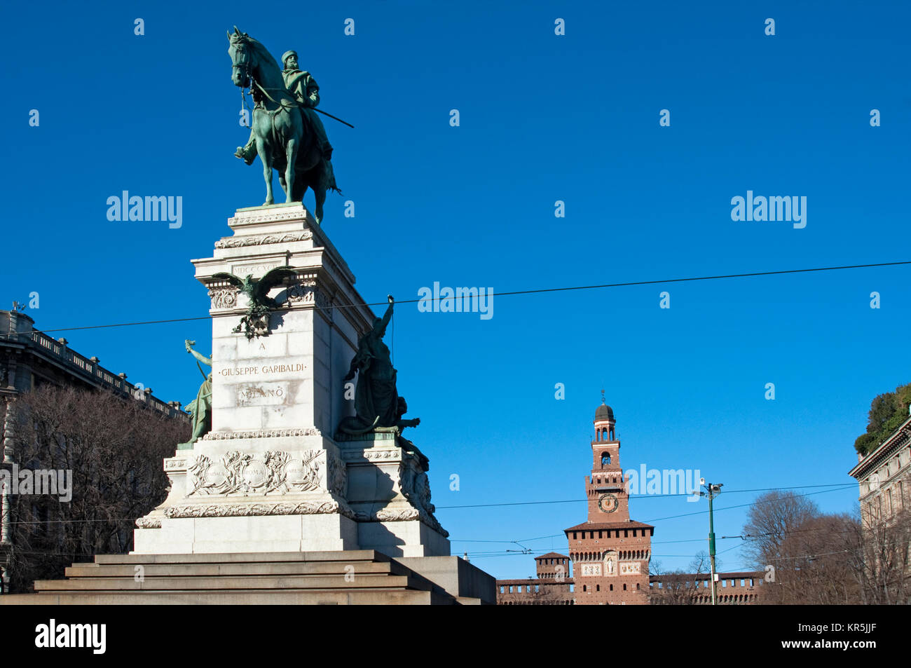 Italy, Lombardy, Milan, Piazza Cairoli Square,  Equestrian Statue of Giuseppe Garibaldi Stock Photo