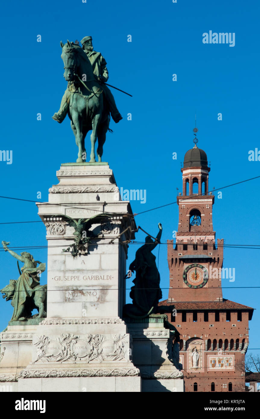 Italy, Lombardy, Milan, Piazza Cairoli Square,  Equestrian Statue of Giuseppe Garibaldi by Ettore Ximenes Stock Photo