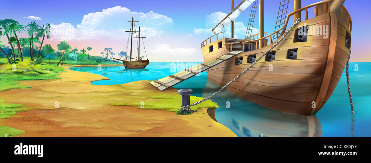 Pirate Ship on the Shore of Island Stock Photo Alamy