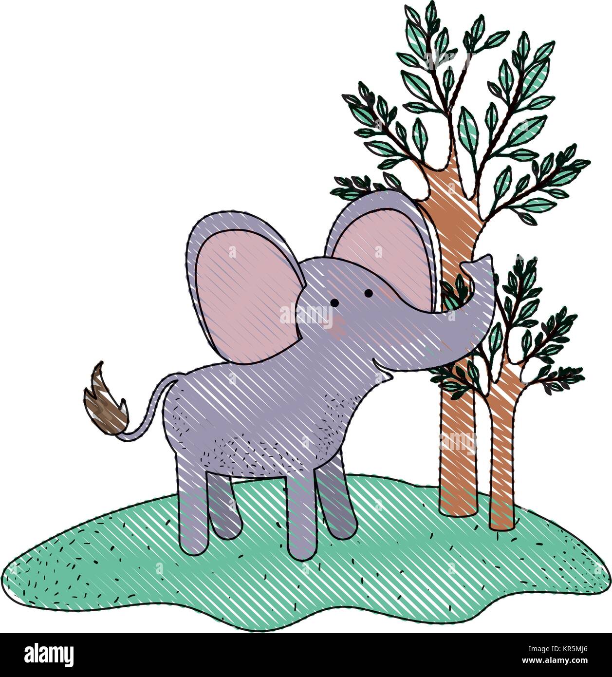 elephant cartoon in forest next to the trees in colored crayon stock vector image art alamy alamy