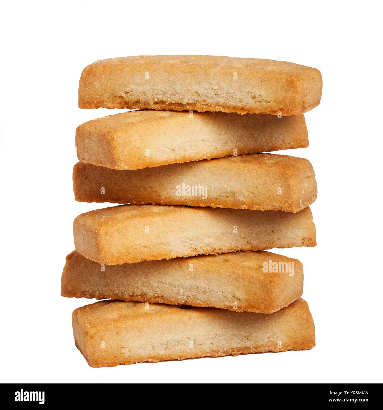 A stack of shortbread finger biscuits on a white background Stock Photo