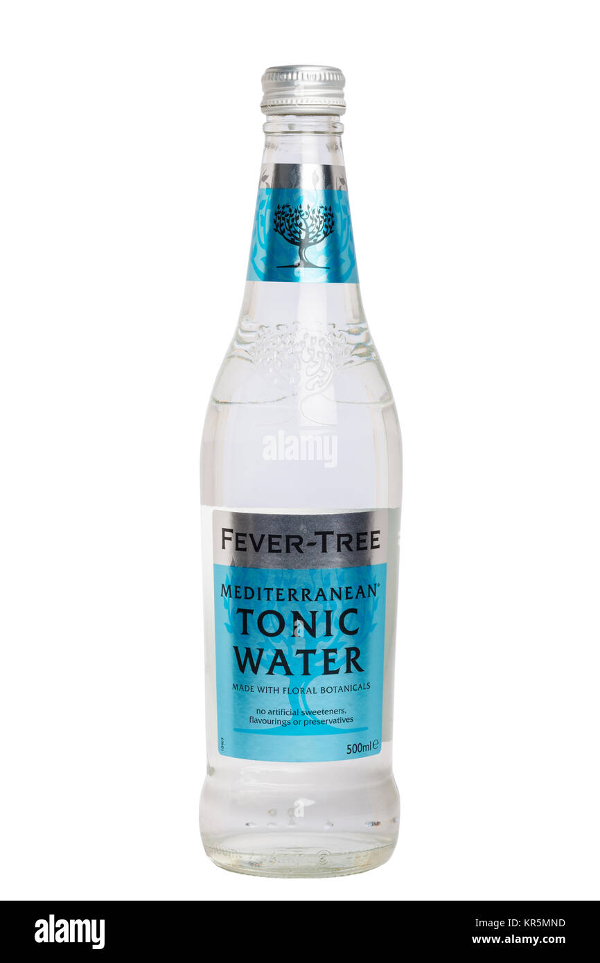 A bottle of Fever-Tree mediterranean Tonic Water on a white background Stock Photo