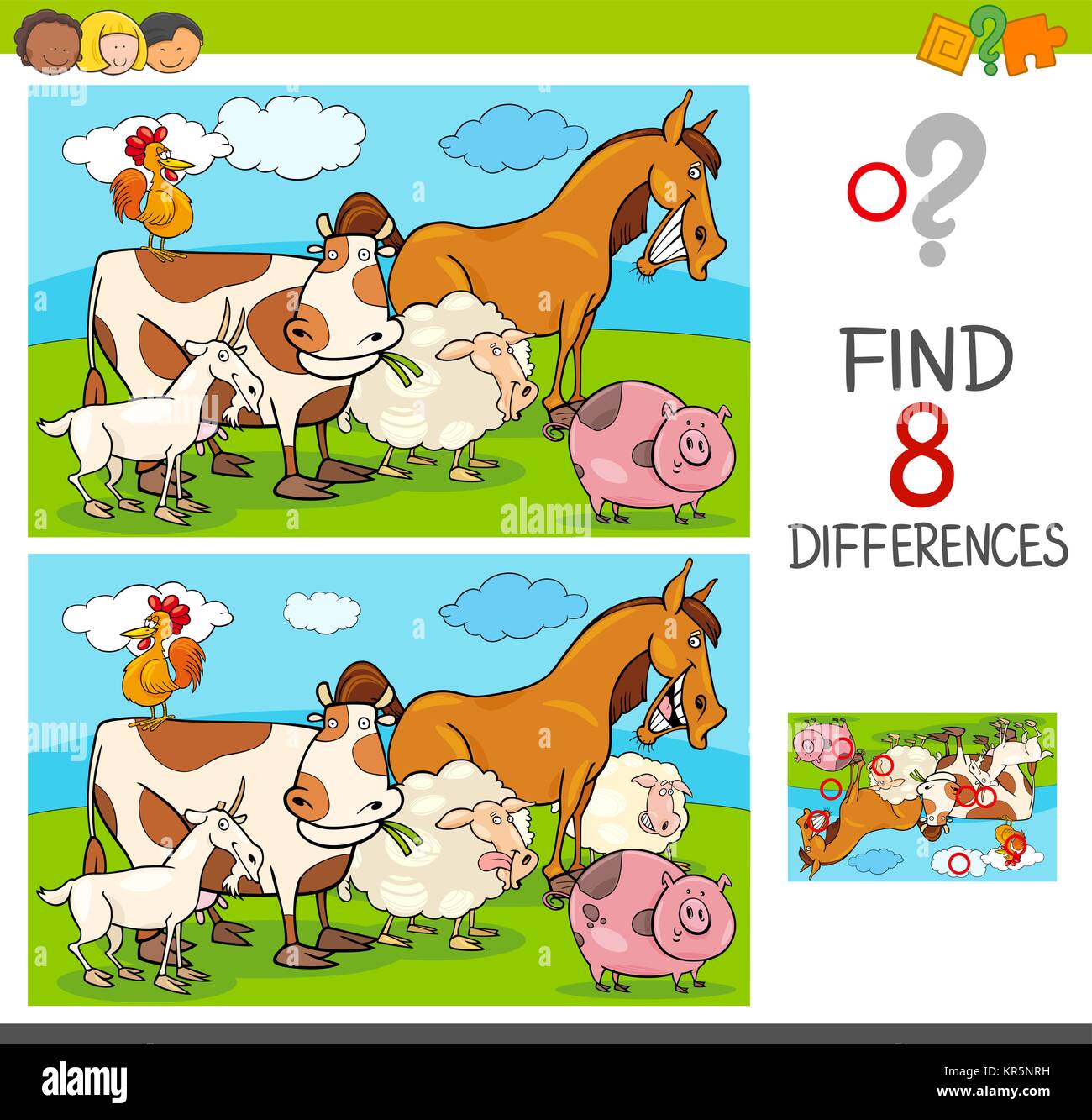 Cartoon Illustration of Finding Differences Between Two Pictures Educational Activity Game for Kids with Farm Animal Characters Group Stock Vector