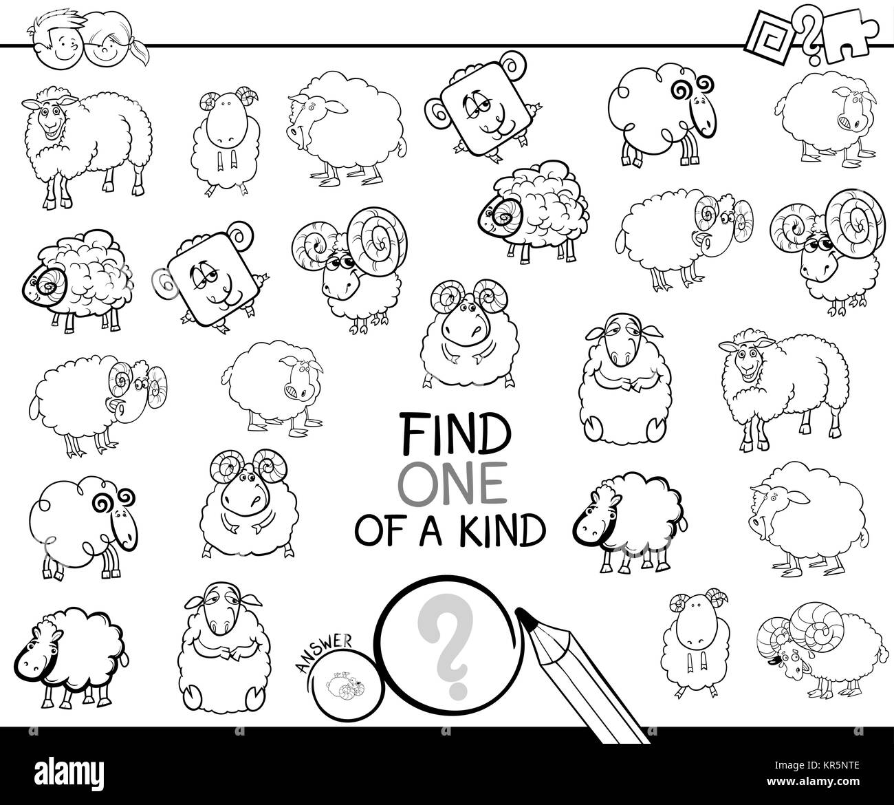 Black and White Cartoon Illustration of Find One of a Kind Picture Educational Activity Game for Children with Sheep Characters Coloring Book Stock Vector