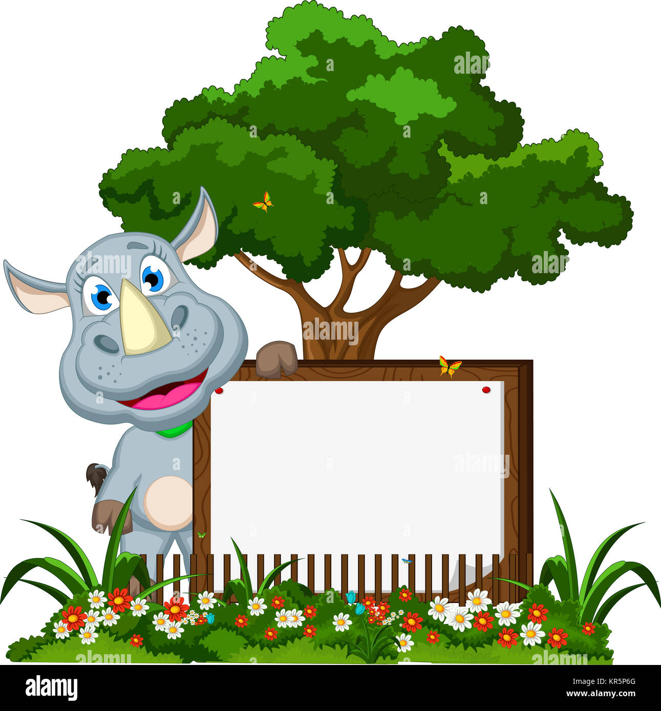 funny rhino cartoon with blank sign in flower garden Stock Photo