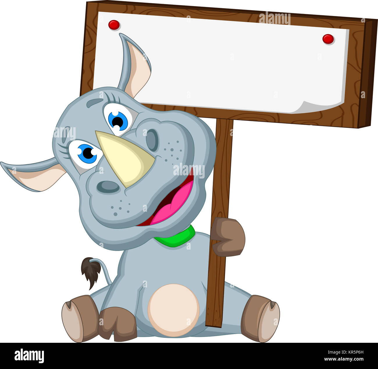 cute baby rhino cartoon sitting holding blank sign Stock Photo