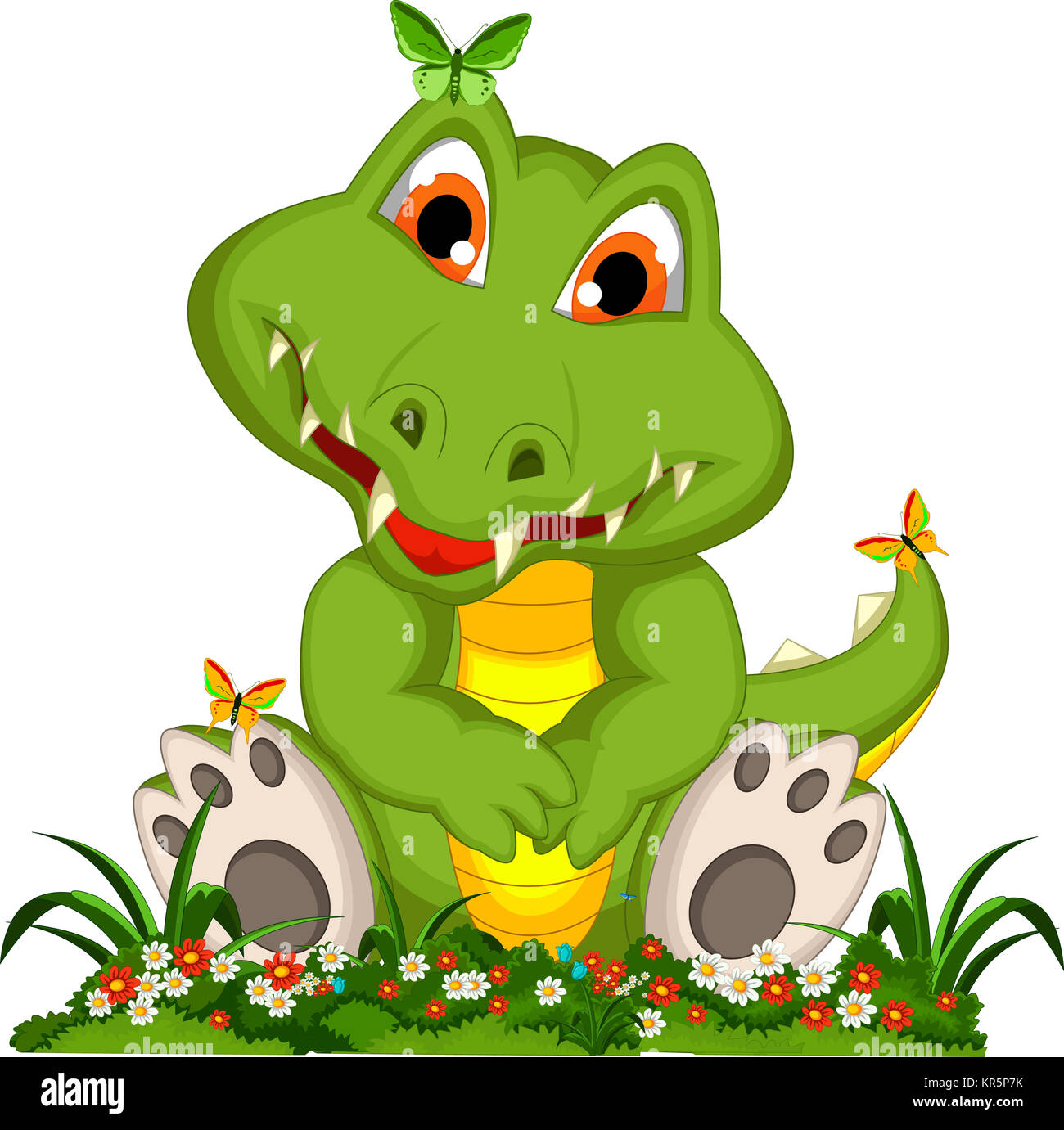 funny crocodile cartoon in flower garden Stock Photo