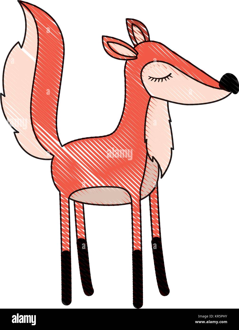 female fox cartoon with closed eyes expression in colored crayon