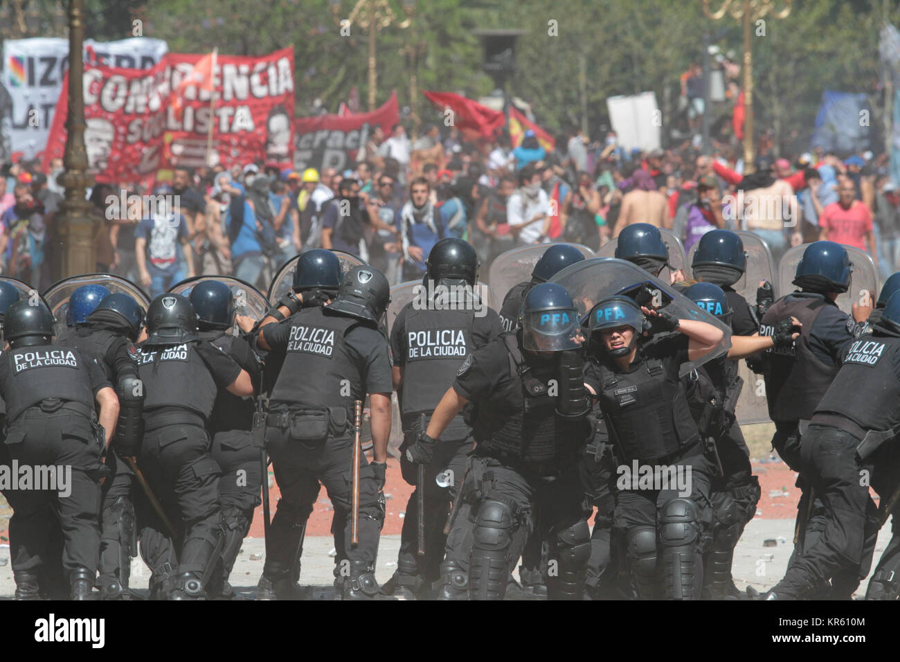 Buenos Aires, Argentina. 18th December, 2018. The surroundings of the Congress of the Nation, it's a battlefield between protesters and security forces, during the session for the pension reform that is discussed in the Chamber of Deputies on Monday in Argentina. ( Credit: Néstor J. Beremblum/Alamy Live News Stock Photo