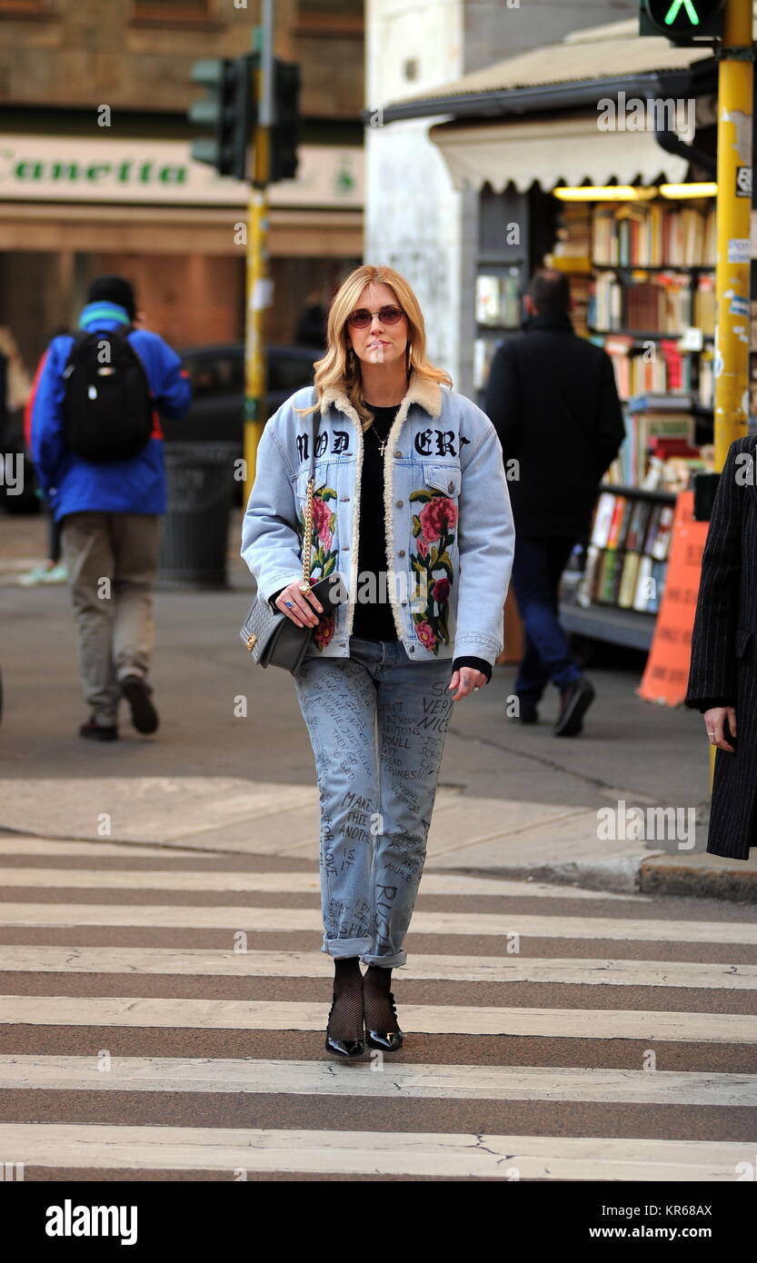 Milan, Chiara Ferragni leaves the bistro after having lunch with her friend Chiara Ferragni, at 6 months of pregnancy, surprise while leaving the bar-bistro in the Duomo area. After eating together with a friend, Chiara Ferragni allows herself a walk through the streets of the center, before returning home. Stock Photo