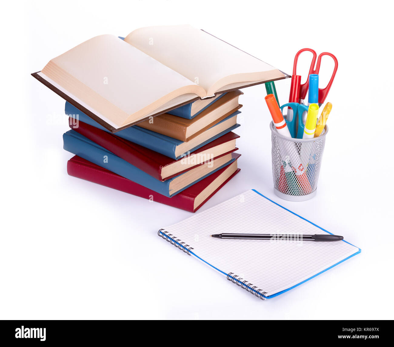 Pile of books, writing-book and pen Stock Photo - Alamy