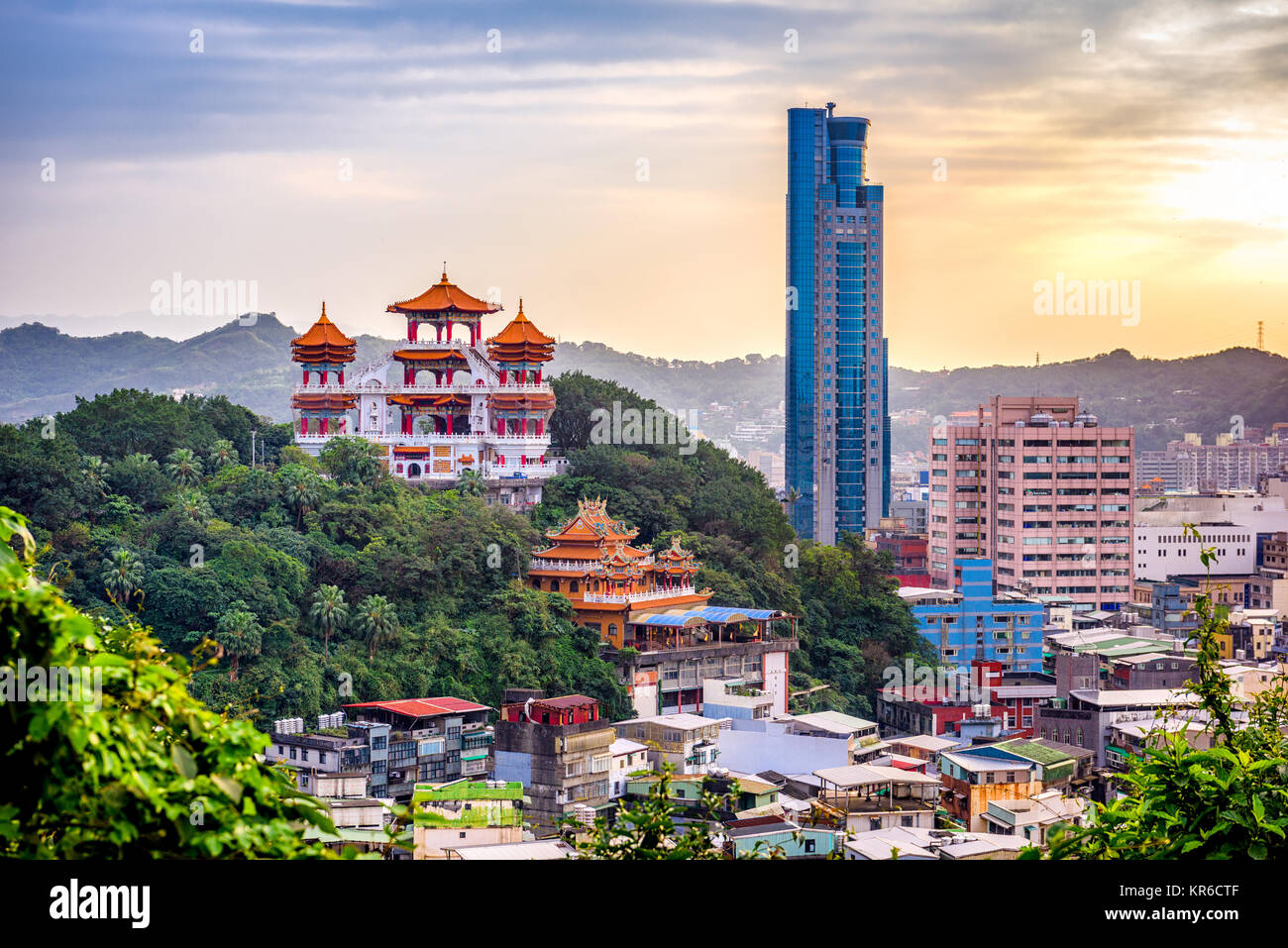 Keelung, Taiwan temples and cityscape. Stock Photo