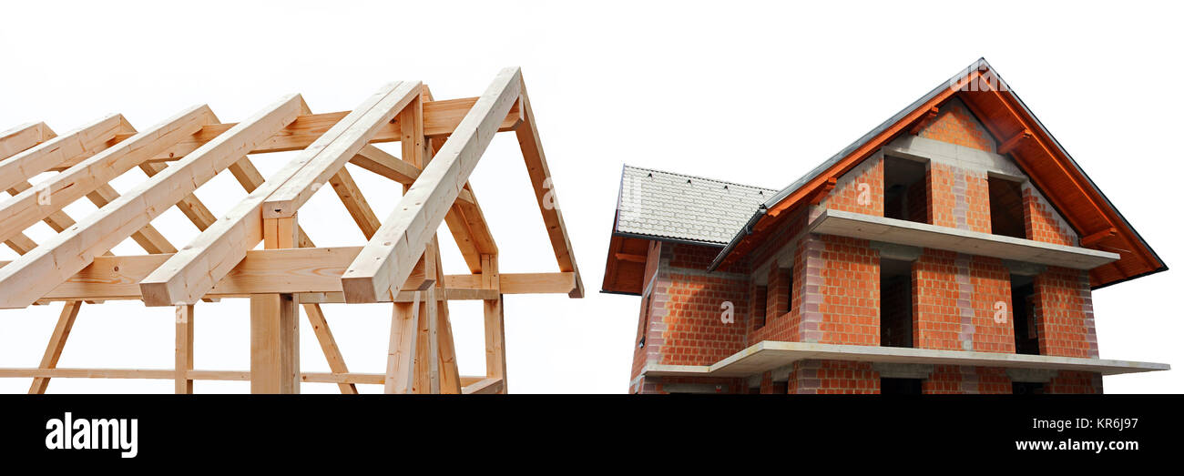 a shell made of wood and brick. newly built house in wood and stone ...