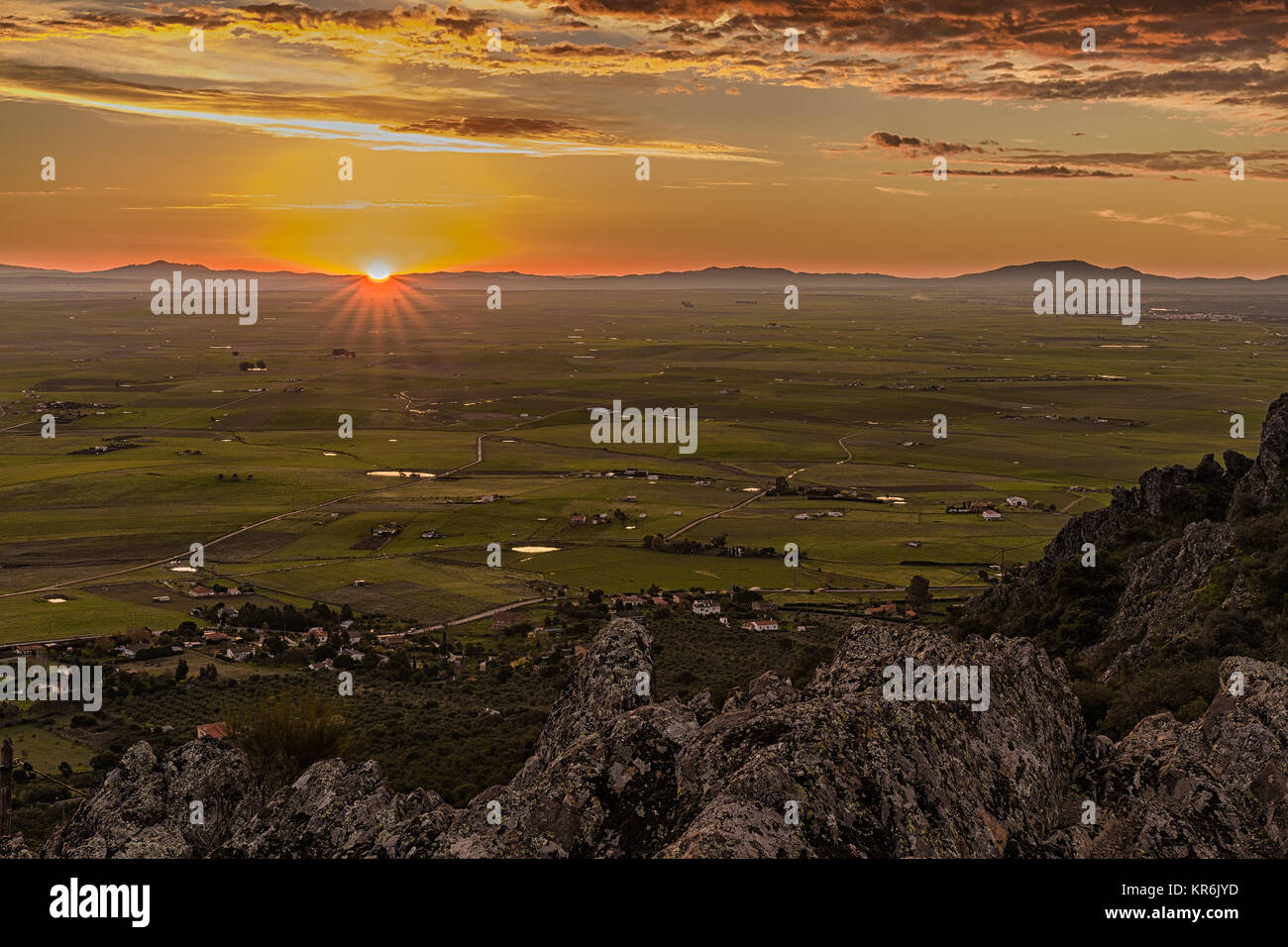 Sunrise from a mountain next to Sierra de Fuentes. Spain. Stock Photo