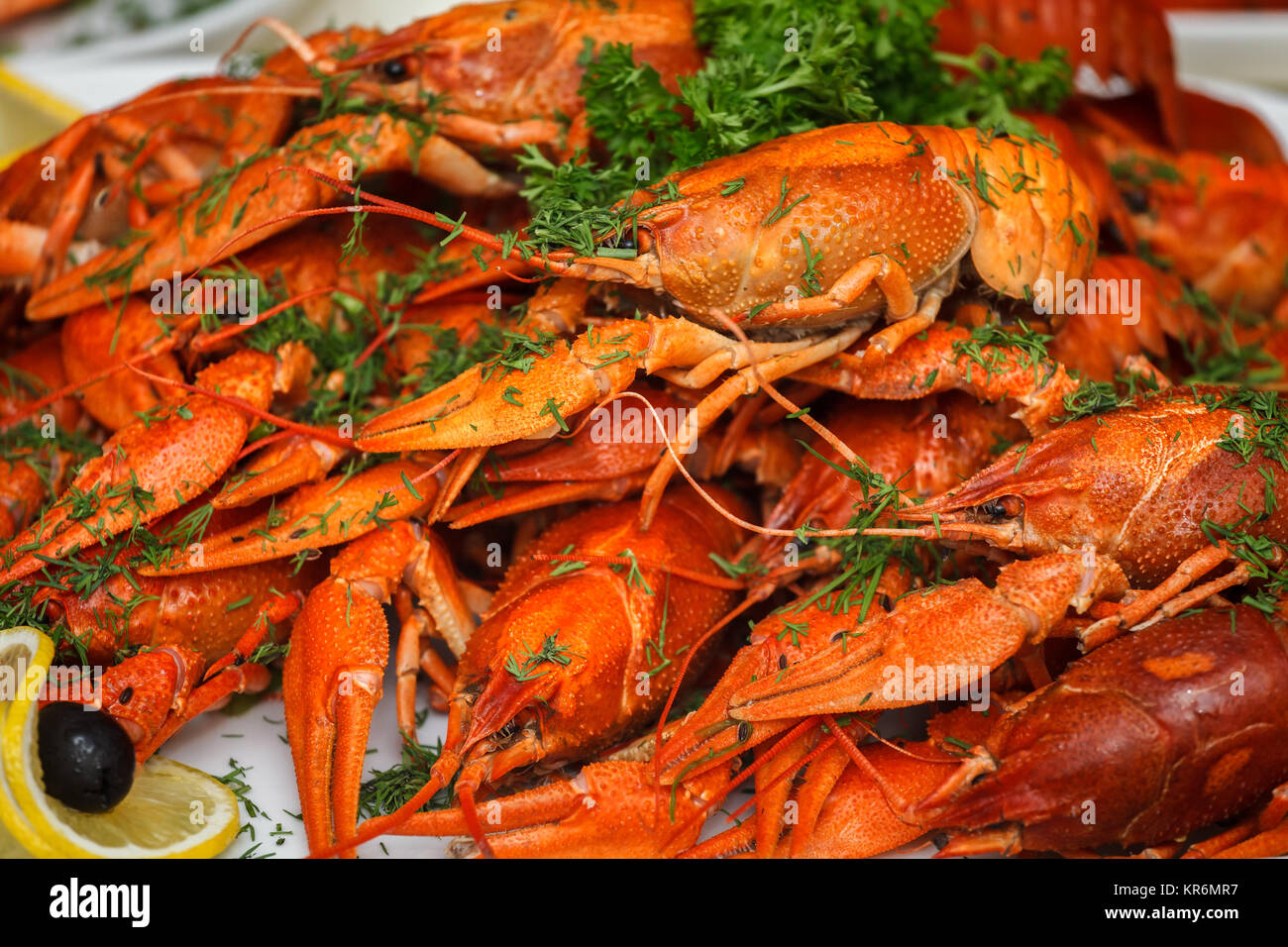 boiled crayfish with herbs and lemon Stock Photo