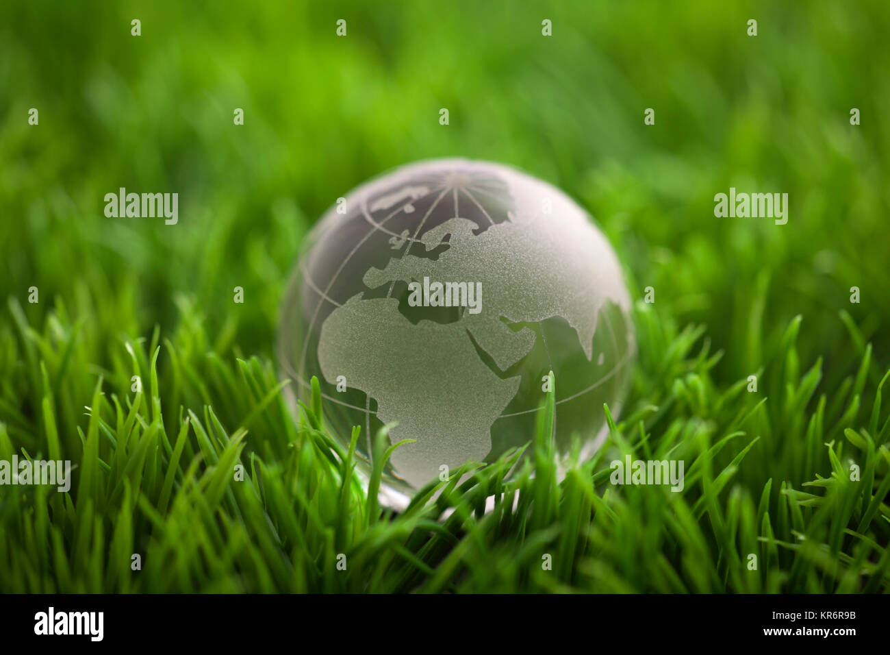 Crystal globe on green grass. World environmental concept. Stock Photo