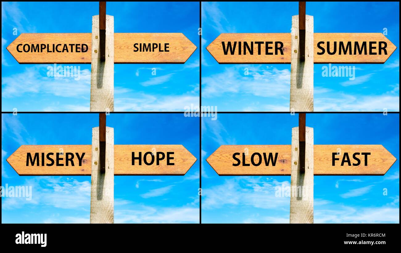 Photo Collage Of Images With Two Opposite Arrows Over Blue Sky Stock 