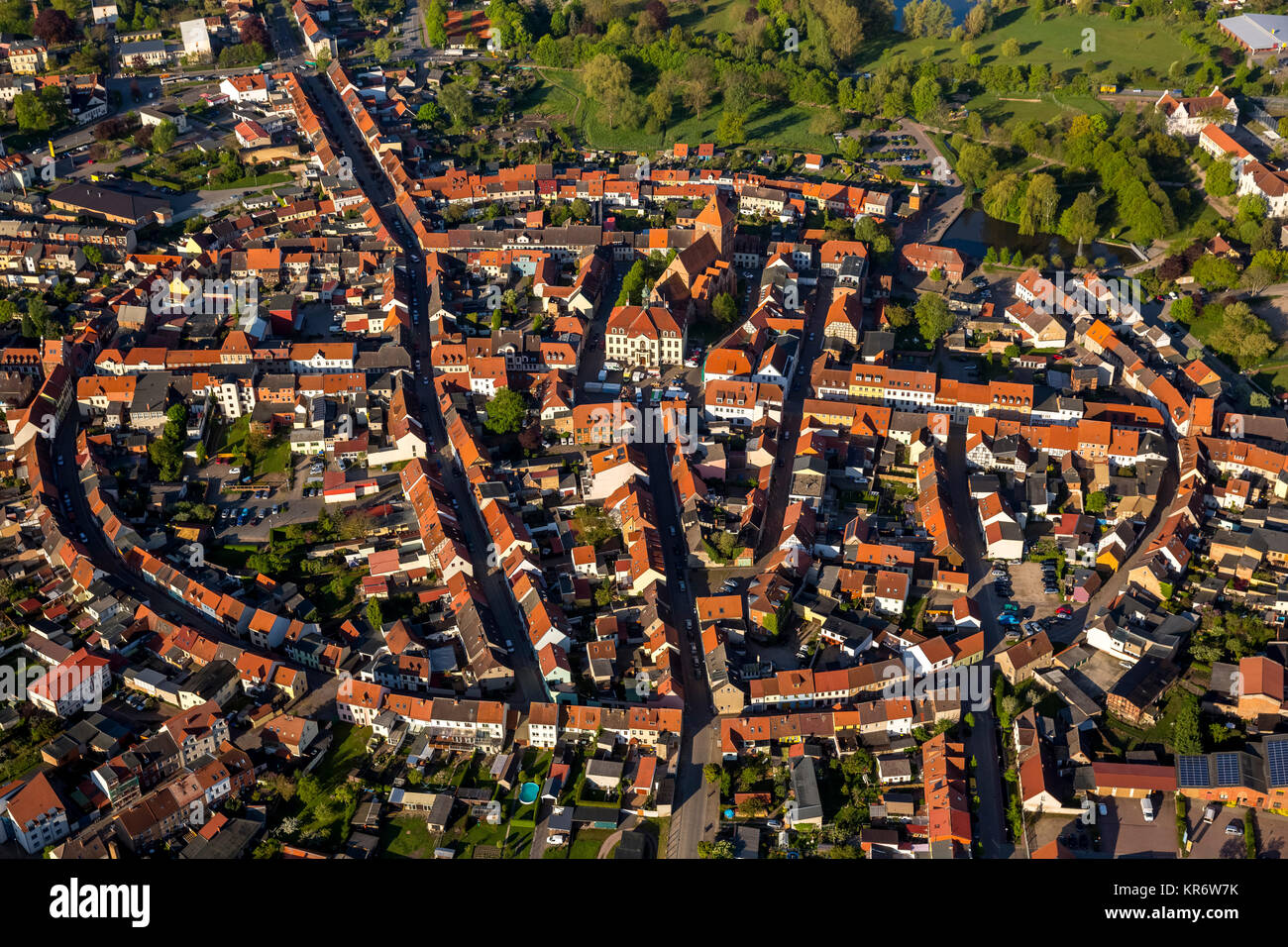 City walls and round floor plan of the historic town of Teterow, town church and town hall with market Teterow, brick wall, Teterow, Mecklenburg Lake  Stock Photo