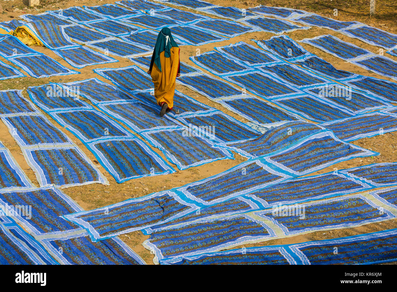 High angle rear view of woman wearing sari walking across blue textiles spread on the ground for drying. Stock Photo