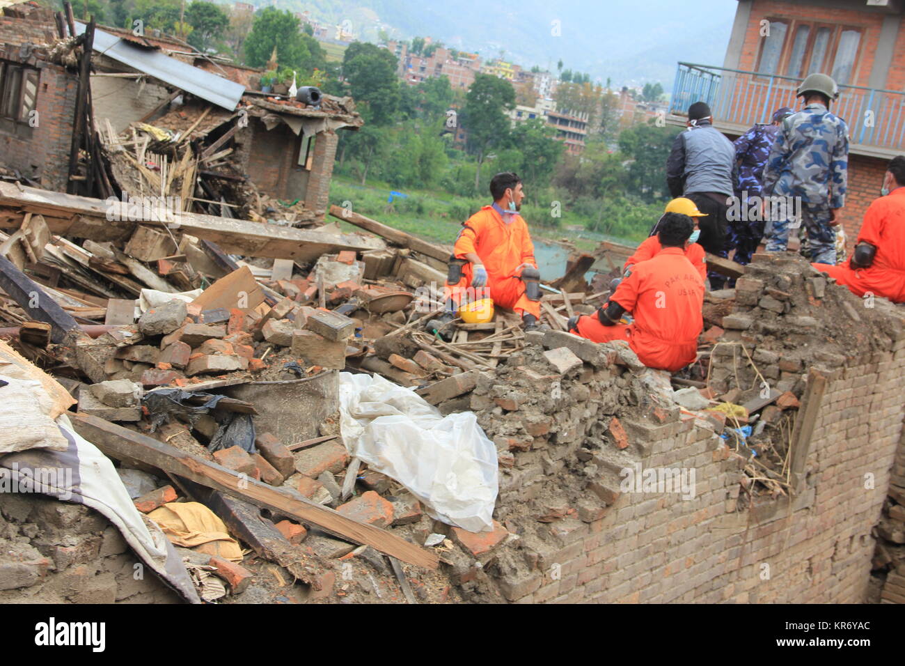 Rescuers battle to reach survivors of a deadly second earthquake in Nepal. Stock Photo