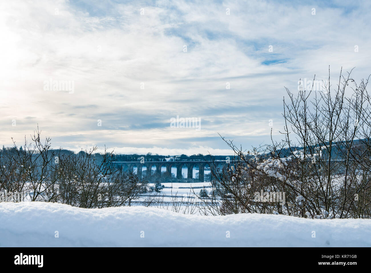 Railway viaduct near Chirk in Wales with snow Stock Photo