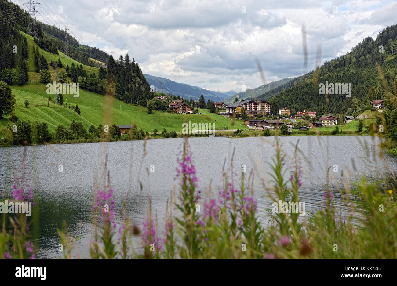 European Alps around village Gerlos in Zillertal valley (Austria). meadows and forests around. Stock Photo