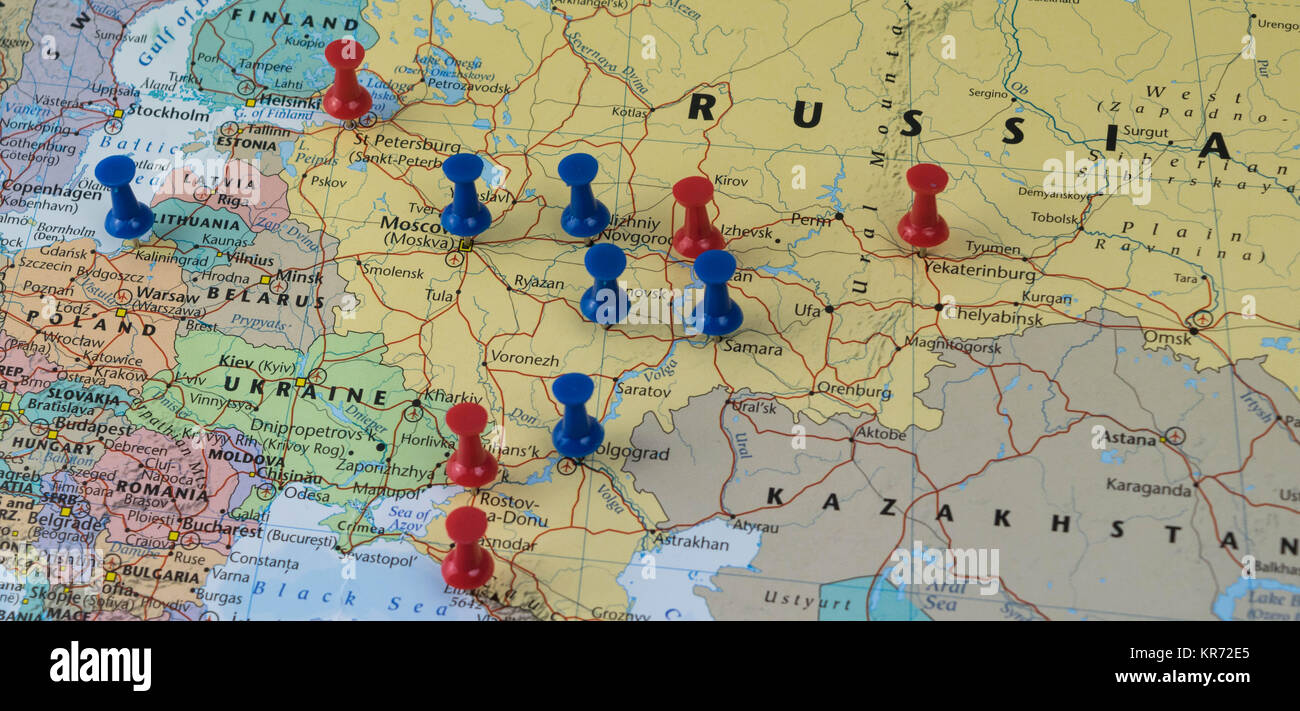 Moscow Pinned with other world cup venue cities in a closeup map for