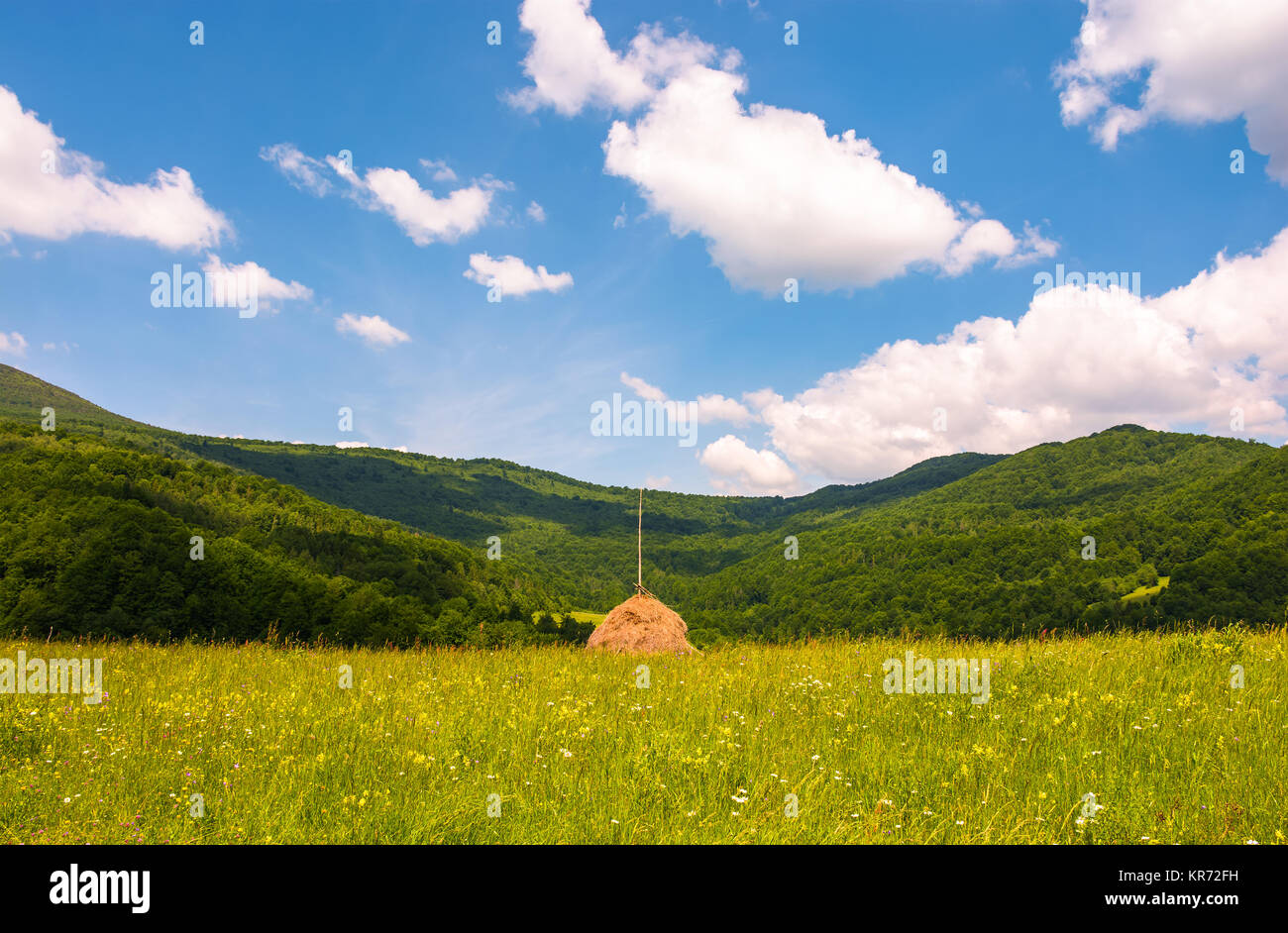 haystack on a grassy pasture in mountains. beautiful summer scenery on