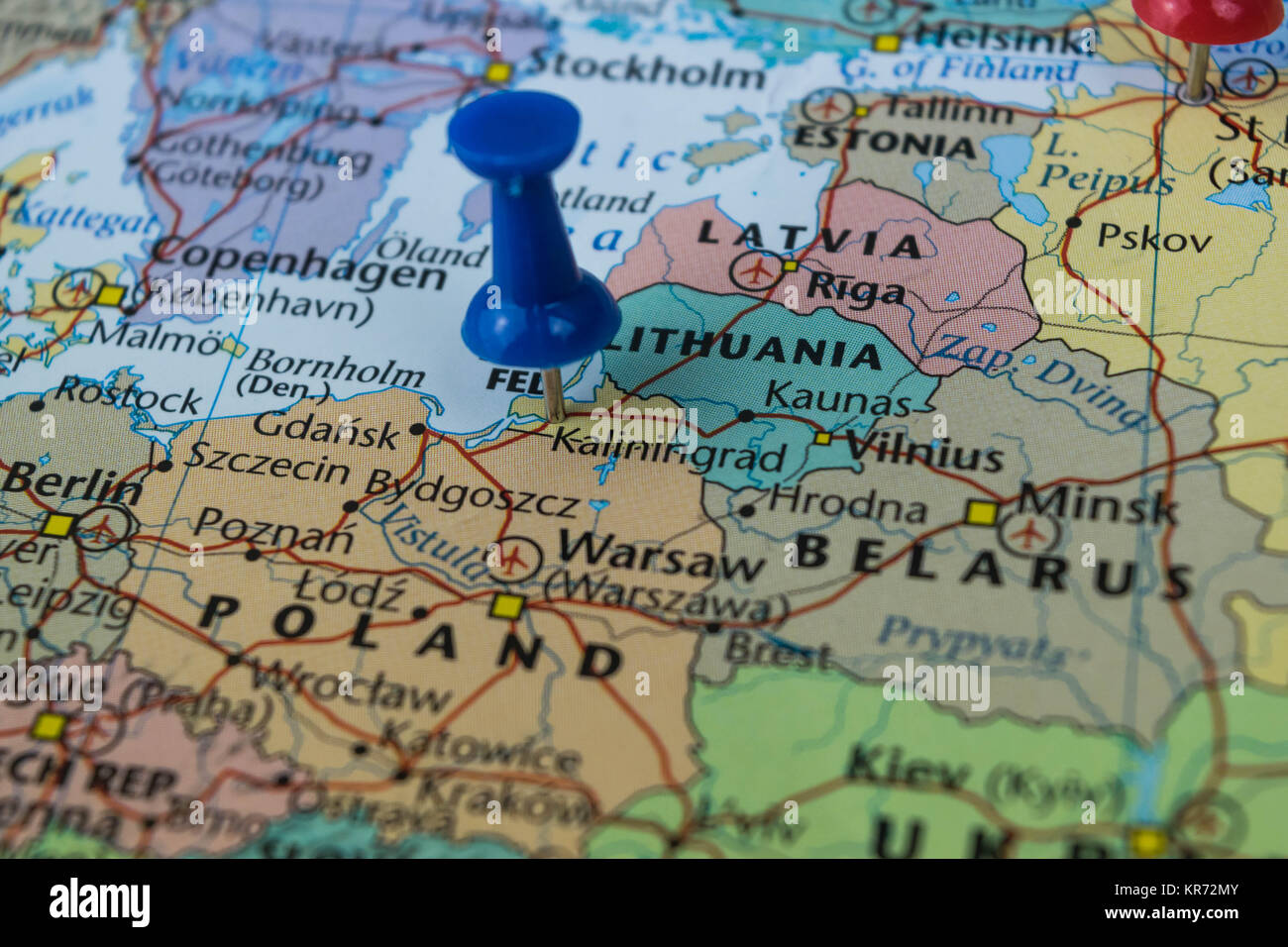 Kaliningrad city pinned on a map of Russia among other World cup 2018 venues Stock Photo