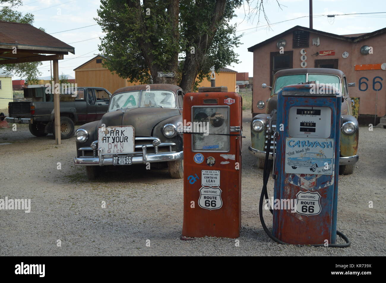 Cars and Old Gas Station At Seligman, June 22, 2017. Route 66, Seligman