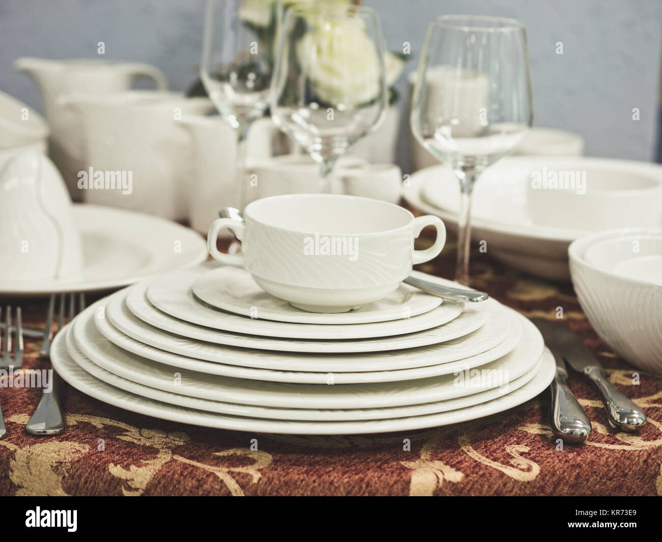 Set of dishes on table Stock Photo Alamy
