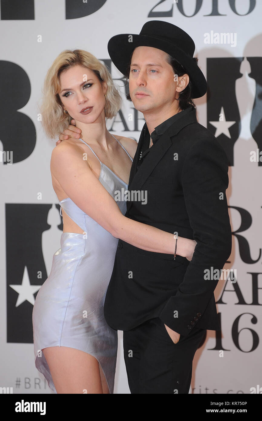 Carl Barat and Edie Langley attend the Brit Awards 2016 at the O2 Arena