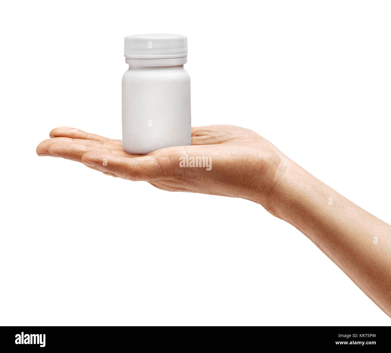 Man's hand holding medical bottle with pills isolated on white background. Palm up, close up. High resolution product Stock Photo
