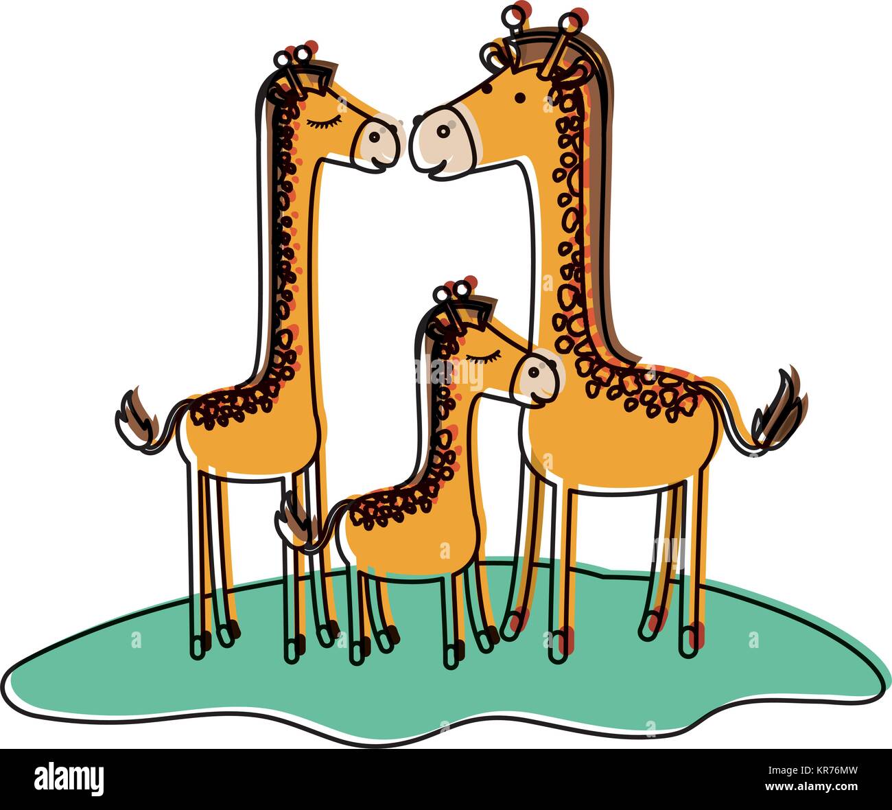 cartoon giraffes couple with calf over grass in watercolor silhouette Stock Vector