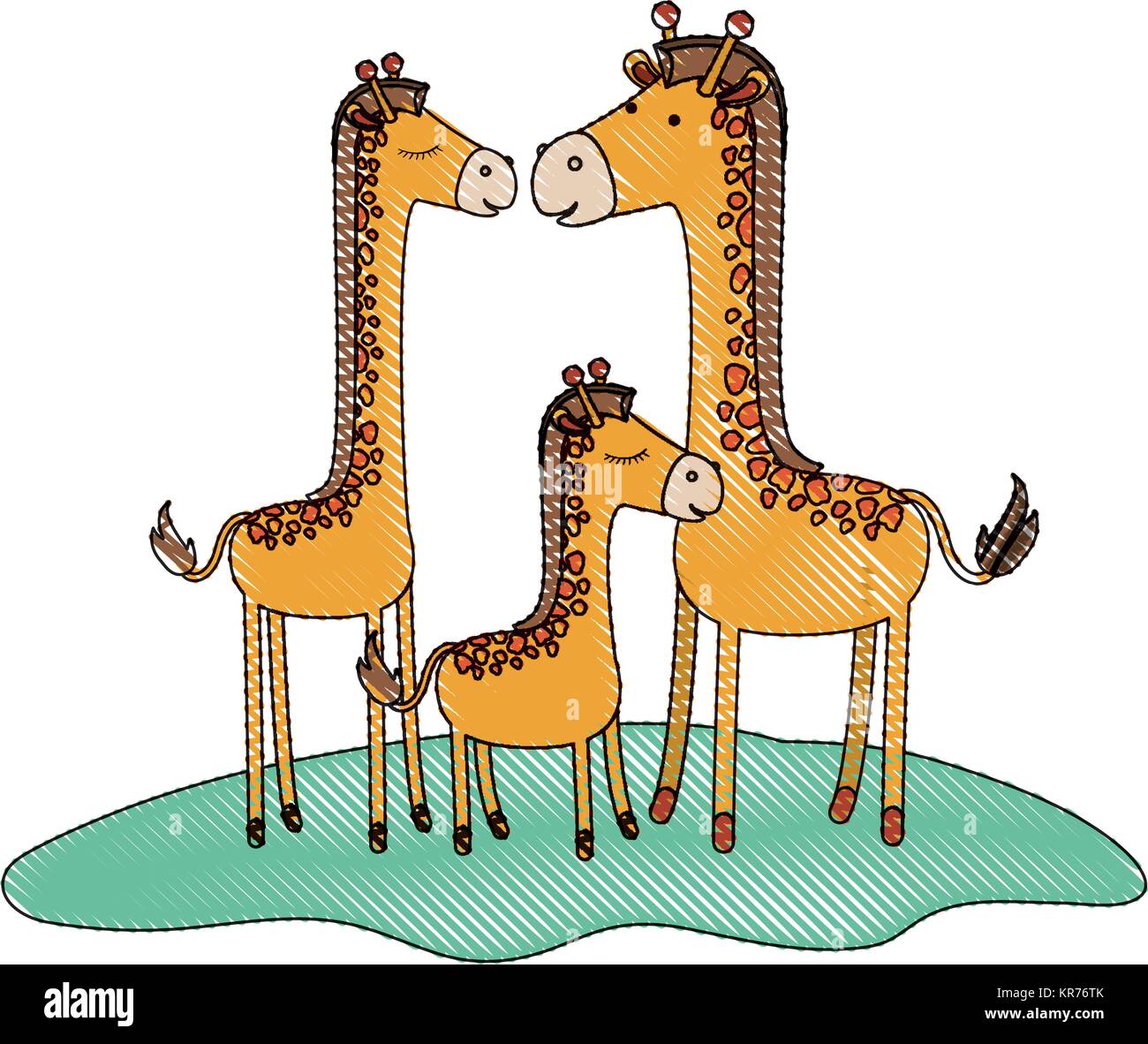 cartoon giraffes couple with calf over grass in colored crayon silhouette Stock Vector