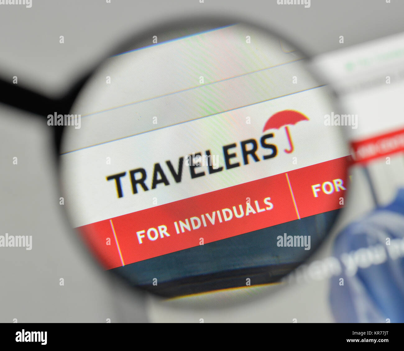 Milan, Italy - November 1, 2017: Travelers Insurance logo on the website homepage. Stock Photo