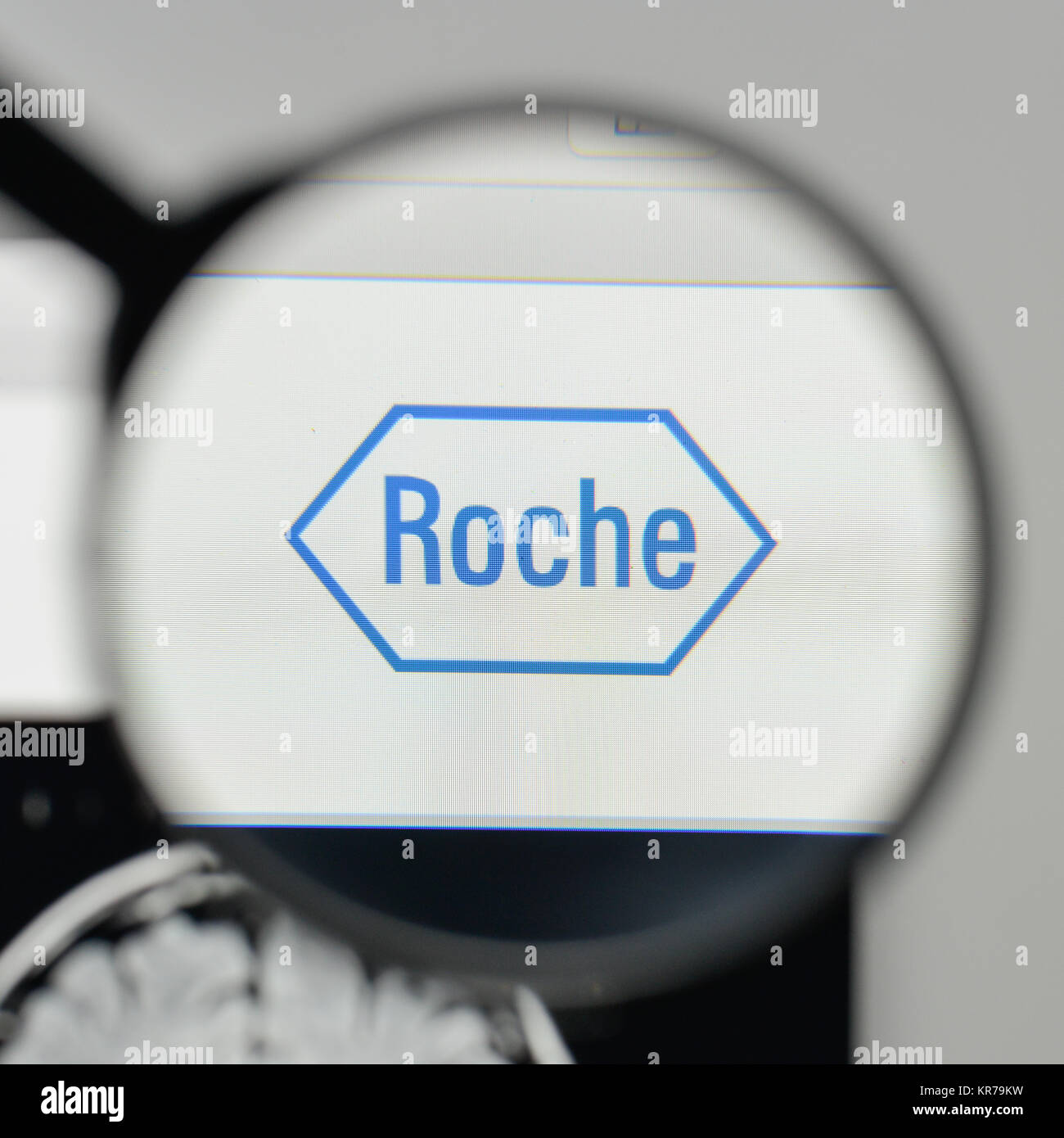 Milan, Italy - November 1, 2017: Hoffmann La Roche logo on the website homepage. Stock Photo