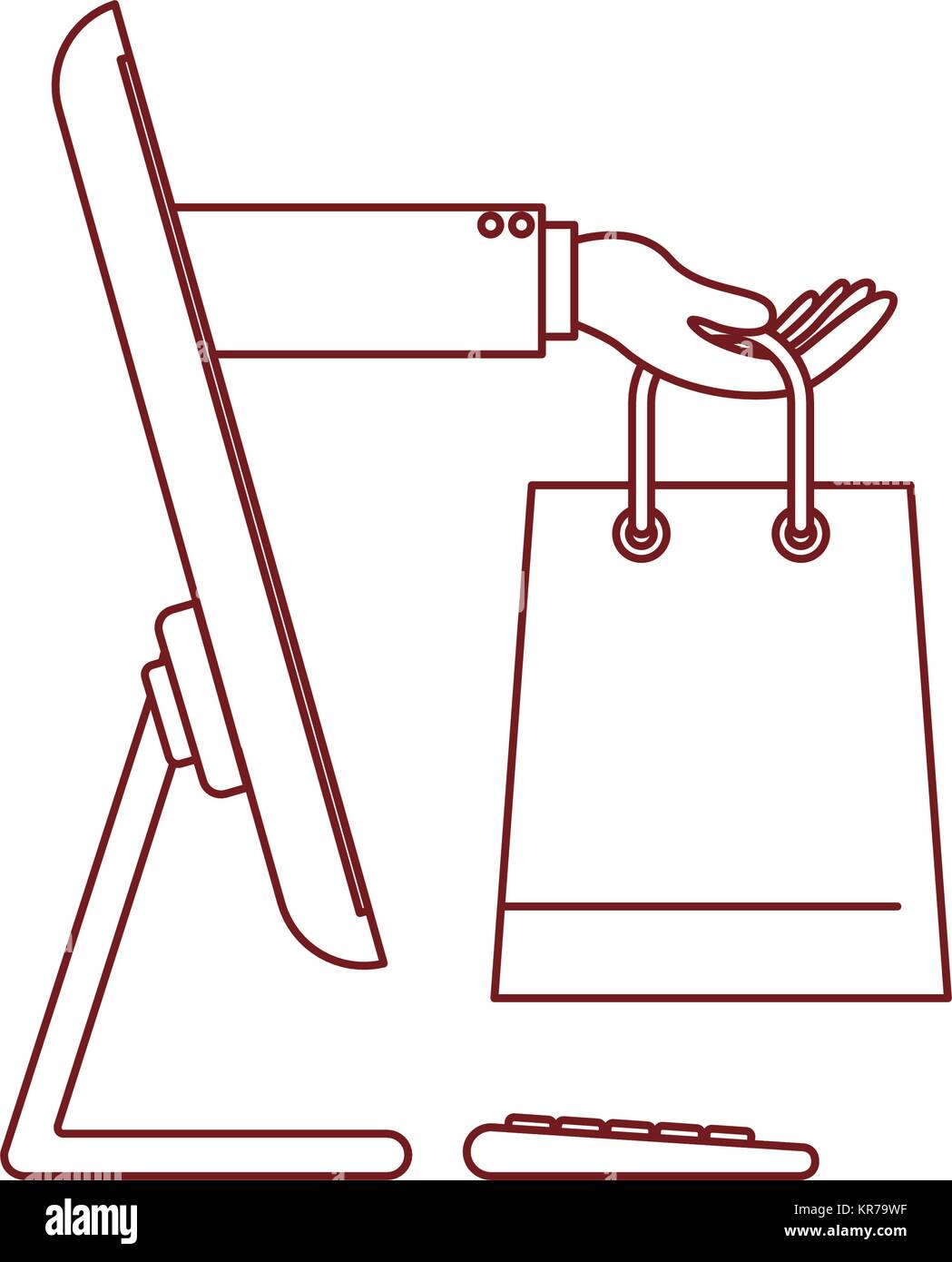 desktop computer and hand holding shopping bag of purchase online in