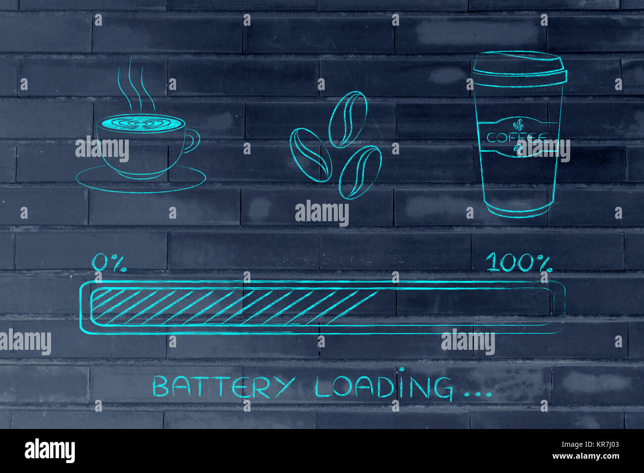 coffee icons with progress bar loading awakeness, battery version Stock Photo